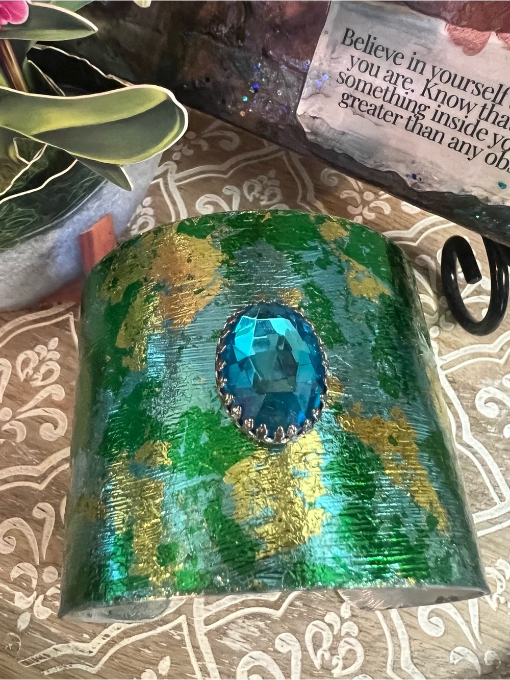 Hand Crafted Green and Gold Metal Foil Wide Cuff Bracelet Czech Glass Blue Gem